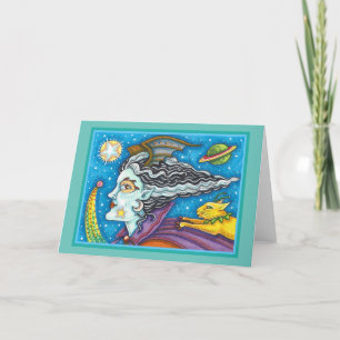 SCI FI SPACE WITCH & COMET CAT HALLOWEEN Blank Card