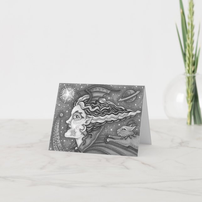 SCI FI SPACE WITCH & COMET CAT HUMOR BLK/WHT Blank Card (Front)