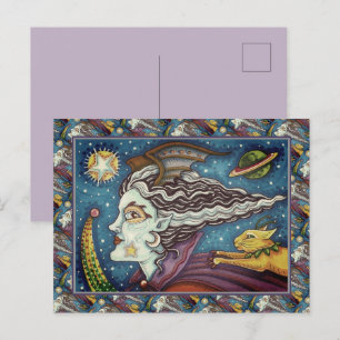 SCI FI SPACE WITCH & COMET CAT HUMOROUS HALLOWEEN HOLIDAY POSTCARD