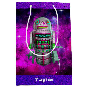 Sci fi toy robot purple galaxy custom name retro medium gift bag