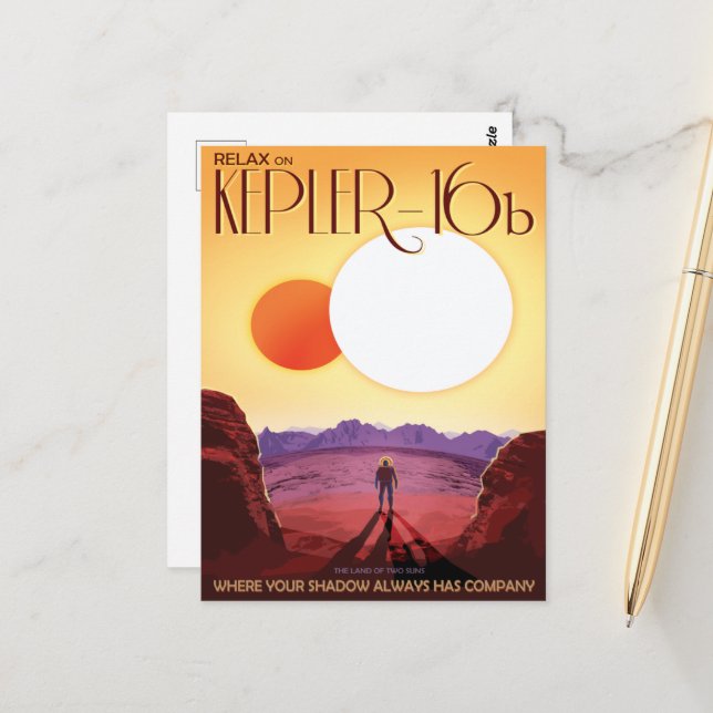 Sci-Fi Travel Ad, Planet Kepler-16b Postcard (Front/Back In Situ)