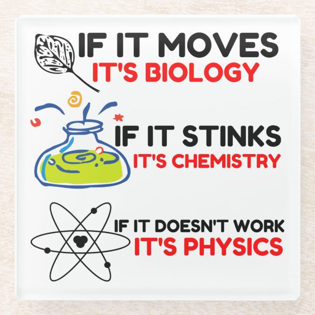 Science BIOLOGY CHEMISTRY PHYSICS Glass Coaster (Front)