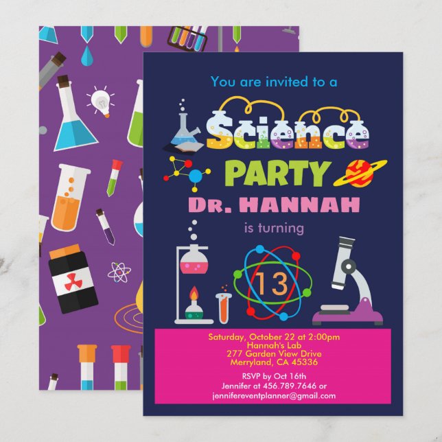 Science birthday party laboratory for girl invitation (Front/Back)