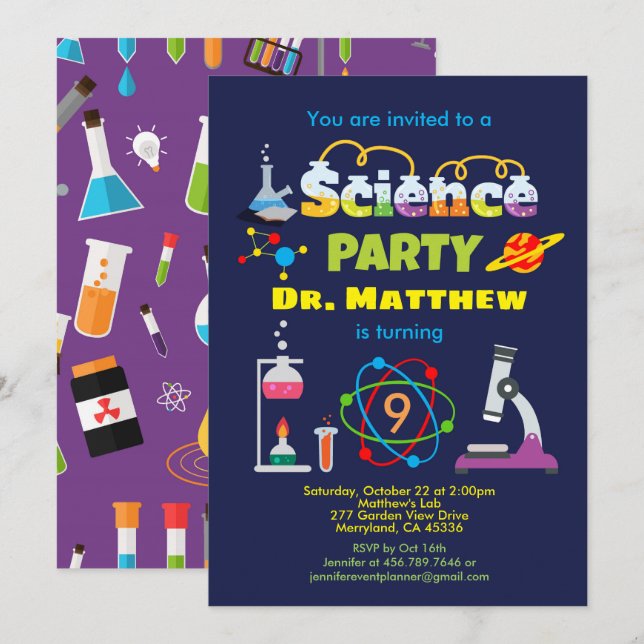 Science birthday party laboratory kid invitation (Front/Back)