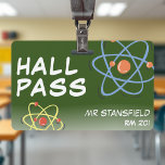 Science Class Teacher School Classroom Hall Pass Badge<br><div class="desc">Ombre white and dark green school hall pass badge for science teachers.  Cool colourful atom molecules design with customizable white text.  Horizontal layout and lanyard attachment. Personalize it by adding your last name and classroom number. Great for back to school for elementary school teachers.</div>