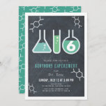 Science Experiment Black Chalkboard Birthday Invitation<br><div class="desc">This cool  "birthday experiment" science birthday party invitation features a chalkboard /  blackboard background with flasks,  and a test tube framed by a white border. The reverse side features a teal background with molecule patterns. Personalize for your needs. You can find matching products at my store.</div>