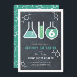 Science Experiment Black Chalkboard Birthday Invitation<br><div class="desc">This cool  "birthday experiment" science birthday party invitation features a chalkboard /  blackboard background with flasks,  and a test tube framed by a white border. The reverse side features a teal background with molecule patterns. Personalize for your needs. You can find matching products at my store.</div>