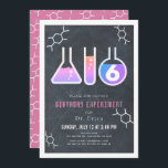 Science Experiment Black Chalkboard Girl Birthday Invitation<br><div class="desc">This cool  "birthday experiment" science birthday party invitation for girls features a chalkboard/blackboard background with flasks,  and a test tube framed by a white border. The reverse side features a pink background with molecule patterns. Personalize for your needs. You can find matching products at my store.</div>