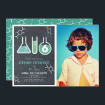 Science Experiment Black Chalkboard Photo Birthday Invitation<br><div class="desc">This cool  "birthday experiment" science birthday party photo invitation features a chalkboard /  blackboard background with flasks,  and a test tube framed by a white border. The reverse side features a teal background with molecule patterns. Personalize for your needs. You can find matching products at my store.</div>
