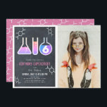 Science Experiment Chalkboard Girl Photo Birthday Invitation<br><div class="desc">This cool  "birthday experiment" science birthday party photo invitation for girls features a chalkboard/blackboard background with flasks,  and a test tube framed by a white border. The reverse side features a pink background with molecule patterns. Personalize for your needs. You can find matching products at my store.</div>