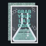Science Experiment Flask Chalkboard Birthday Invitation<br><div class="desc">This cool  "grab your lab coat" science birthday experiment party invitation features a chalkboard /  blackboard background with a flask framed by a white border. The reverse side features a teal background with molecule patterns. Personalize for your needs. You can find matching products at my store.</div>