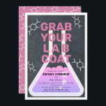 Science Experiment Flask Chalkboard Girl Birthday Invitation<br><div class="desc">This cool  "grab your lab coat" science birthday experiment party invitation for girls features a chalkboard /  blackboard background with a flask framed by a white border. The reverse side features a pink background with molecule patterns. Personalize for your needs. You can find matching products at my store.</div>