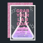 Science Experiment Flask Chalkboard Girl Birthday Invitation<br><div class="desc">This cool  "grab your lab coat" science birthday experiment party invitation for girls features a chalkboard /  blackboard background with a flask framed by a white border. The reverse side features a pink background with molecule patterns. Personalize for your needs. You can find matching products at my store.</div>