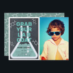 Science Experiment Flask Chalkboard Photo Birthday Invitation<br><div class="desc">This cool  "grab your lab coat" science birthday experiment party photo invitation features a chalkboard /  blackboard background with a flask framed by a white border. The reverse side features a teal background with molecule patterns. Personalize for your needs. You can find matching products at my store.</div>