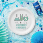Science Experiment Green Boy Birthday Paper Plate<br><div class="desc">This cool "birthday experiment" boy's science birthday party paper plate features a white background with flasks,  and a test tube in green. Personalize for your needs. You can find matching products at my store.</div>