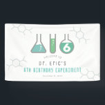 Science Experiment Green Boy Birthday Welcome Banner<br><div class="desc">This cool "birthday experiment" boy's science birthday party welcome banner features a white background with flasks,  and a test tube in green. Personalize for your needs. You can find matching products at my store.</div>