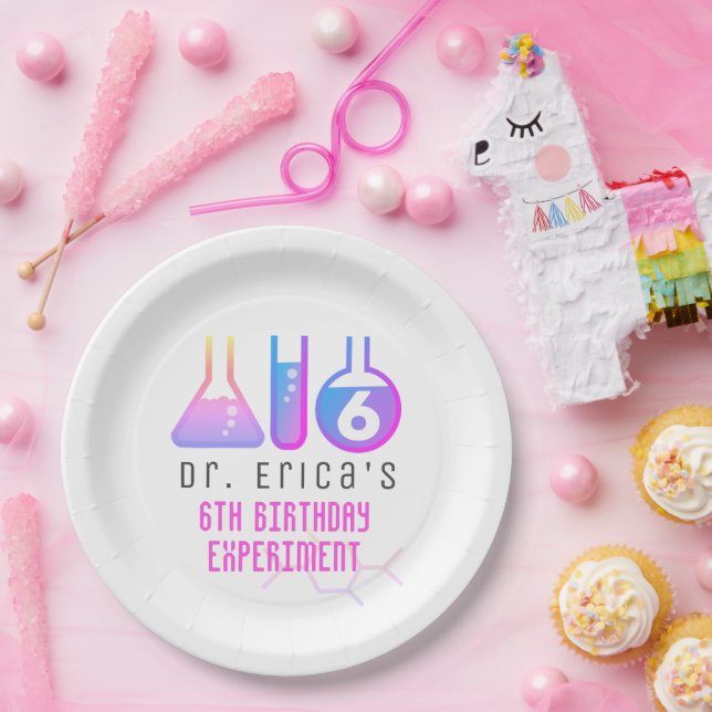 Science Experiment Neon Pink Girl Birthday Paper Plate (Party)