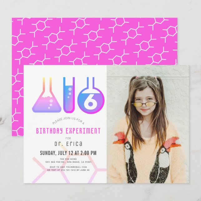 Science Experiment Neon Pink Girl Photo Birthday Invitation (Front/Back)