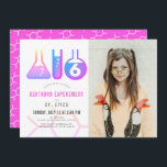 Science Experiment Neon Pink Girl Photo Birthday Invitation<br><div class="desc">This cool  "birthday experiment" girl's science birthday party photo invitation features a white background with flasks,  and a test tube. The reverse side features a neon pink background with molecule patterns. Personalize for your needs. You can find matching products at my store.</div>