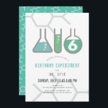 Science Experiment White & Green Boy Birthday Invitation<br><div class="desc">This cool  "birthday experiment" science birthday party invitation features a white background with flasks,  and a test tube. The reverse side features a teal background with molecule patterns. Personalize for your needs. You can find matching products at my store.</div>