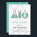 Science Experiment White & Green Boy Birthday Invitation<br><div class="desc">This cool  "birthday experiment" science birthday party invitation features a white background with flasks,  and a test tube. The reverse side features a teal background with molecule patterns. Personalize for your needs. You can find matching products at my store.</div>