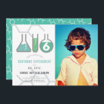 Science Experiment White Green Boy Photo Birthday Invitation<br><div class="desc">This cool  "birthday experiment" science birthday party photo invitation features a white background with flasks,  and a test tube. The reverse side features a teal background with molecule patterns. Personalize for your needs. You can find matching products at my store.</div>
