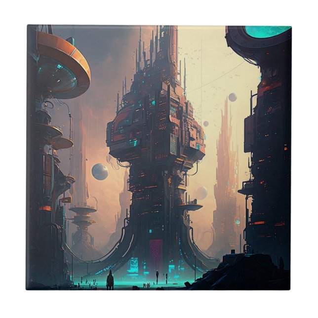 Science Fiction Futuristic City Ceramic Tile (Front)