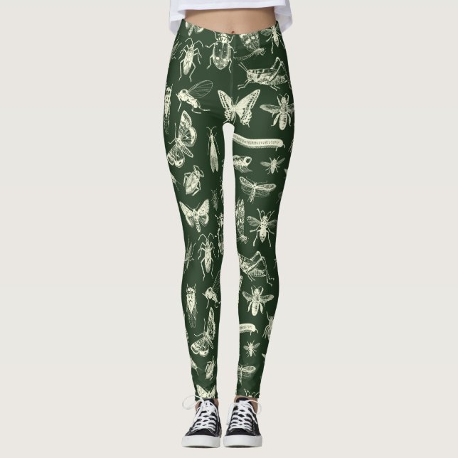 Scientific Antique Bugs Insects Cream and Green Leggings (Front)