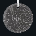 Scientific Formulas: Chalkboard Calculations Patte Glass Ornament<br><div class="desc">Physical formulas, graphics and scientific calculations on chalkboard. Vintage hand drawn illustration laboratory seamless pattern Merge art and science in a lab-themed pattern of illustrations on chalkboard. Chalkboard equations flow, science in every line. scientific, laboratory, physics, equation, drawing, chalk, math, symbol, decorative, science, code, pattern, chalkboard, background, illustration, decor, education,...</div>