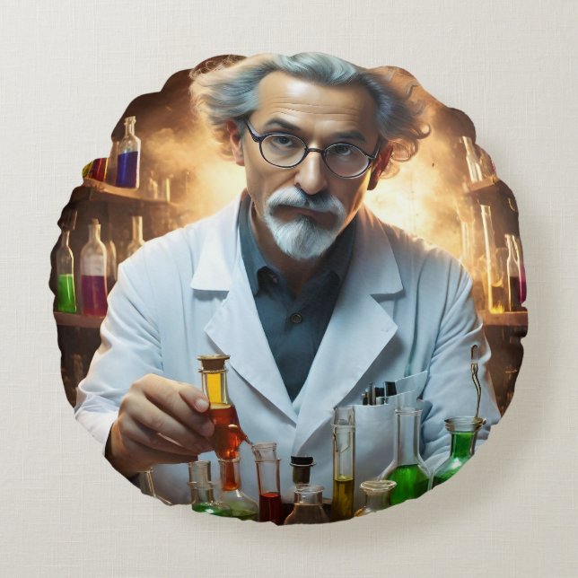 Scientist In A Laboratory Mixing Potions, Round Pillow (Front)