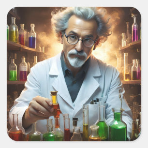Scientist In A Laboratory Mixing Potions, Square Sticker