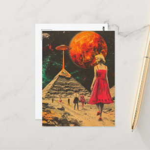 Scifi Fantasy Aliens and Woman in Red Dress Postcard