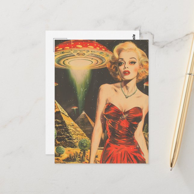 Scifi Fantasy Aliens Blonde Woman in Red Dress  Postcard (Front/Back In Situ)