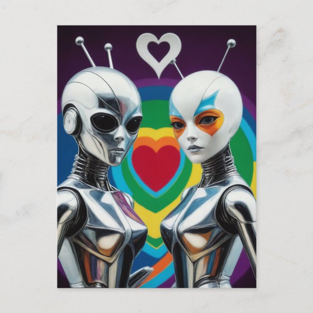 SciFi Female Robots in Love Rainbow Heart Postcard (Front)