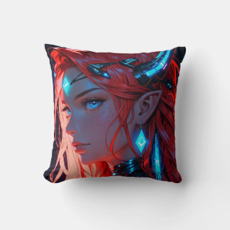 Scifi Red Hair Anime Girl Throw Pillow