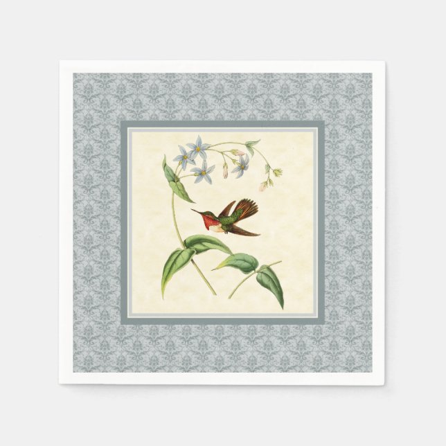 Scintillant Hummingbird Blue Damask Paper Napkins (Front)