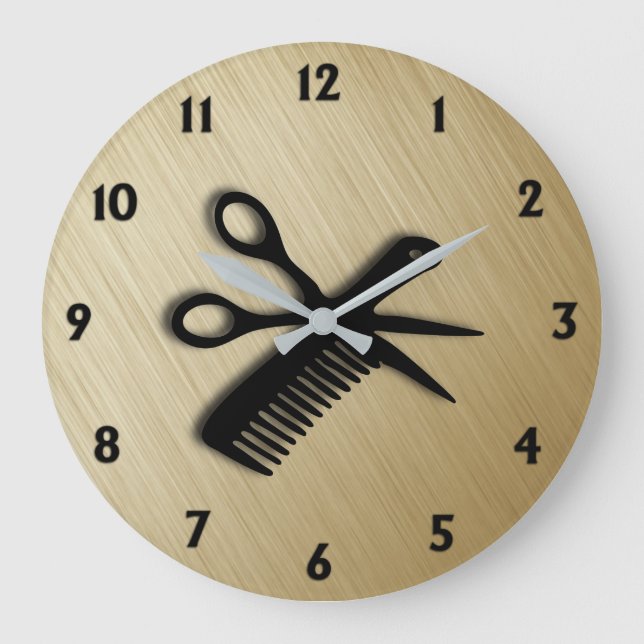 Scissor and Comb Brushed Antique Gold Large Clock (Front)