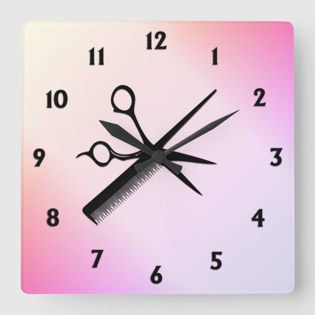 Scissor and Comb Pink Square Wall Clock (Front)