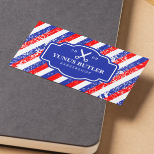 Scissor Barbershop Grunge Blue & Red Stripes Business Card