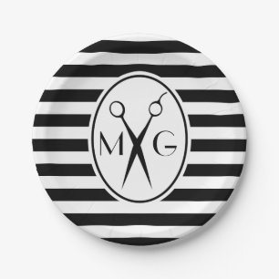 Scissor Monogram Initials Hair Stylist Barber Shop Paper Plate