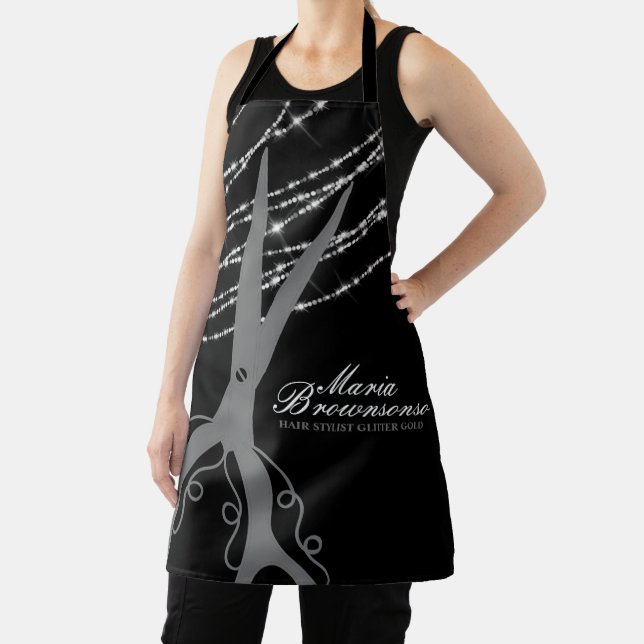 Scissor swirl cutting hair silver Glitter black Apron (Insitu)
