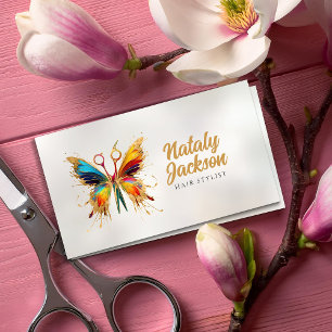 Scissors and Butterfly Watercolor and Gold Business Card