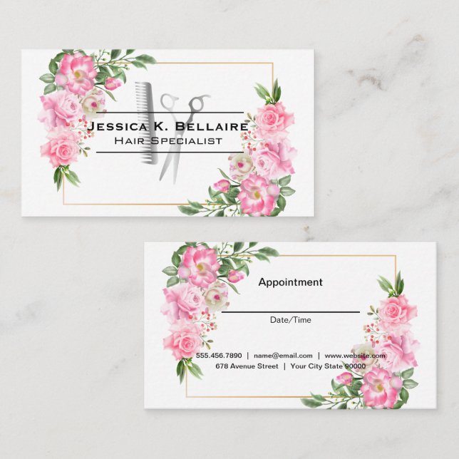 Scissors and Comb | Pink Flowers Appointment Card (Front/Back)