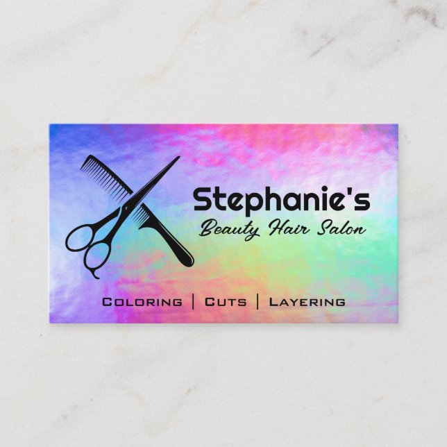 Scissors and Comb | Rainbow Iridescent Background Business Card (Front)