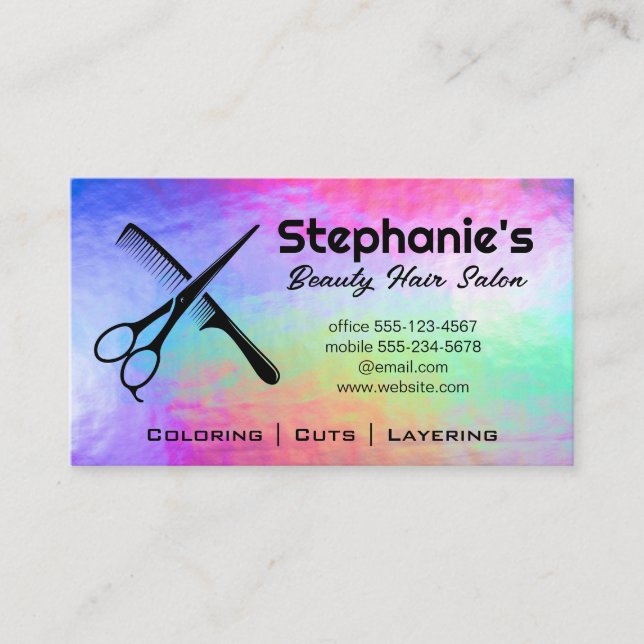 Scissors and Comb | Rainbow Iridescent Background Business Card (Front)