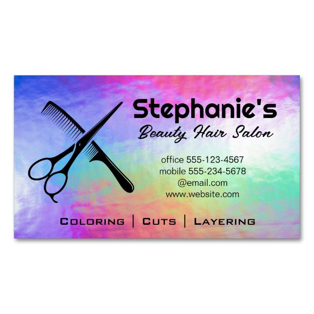 Scissors and Comb | Rainbow Iridescent Background Magnetic Business Card (Front)