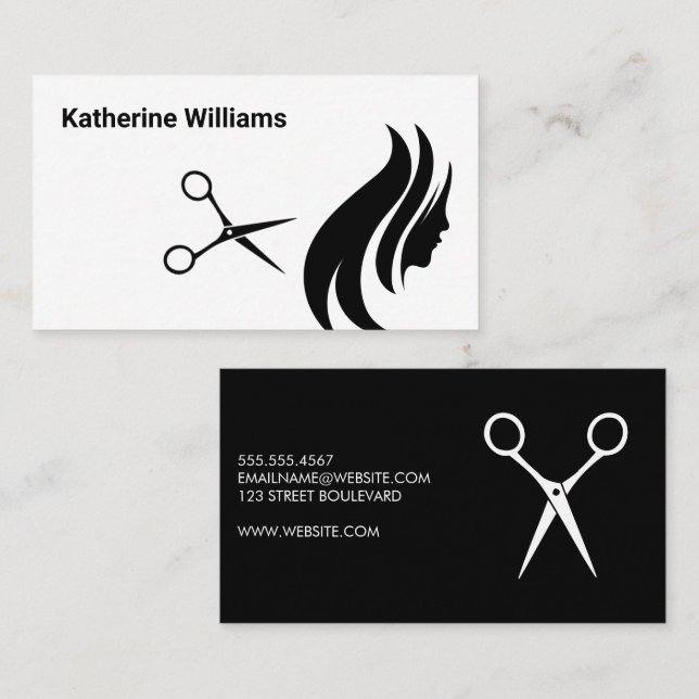 Scissors and Hair Logo | Simple Black White Business Card (Front/Back)