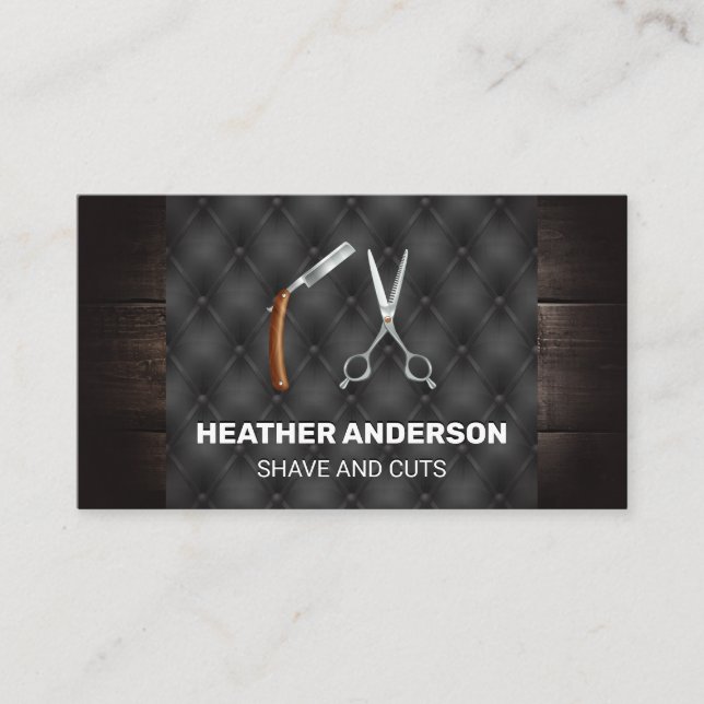 Scissors and Razor | Wood and Button Fabric Business Card (Front)