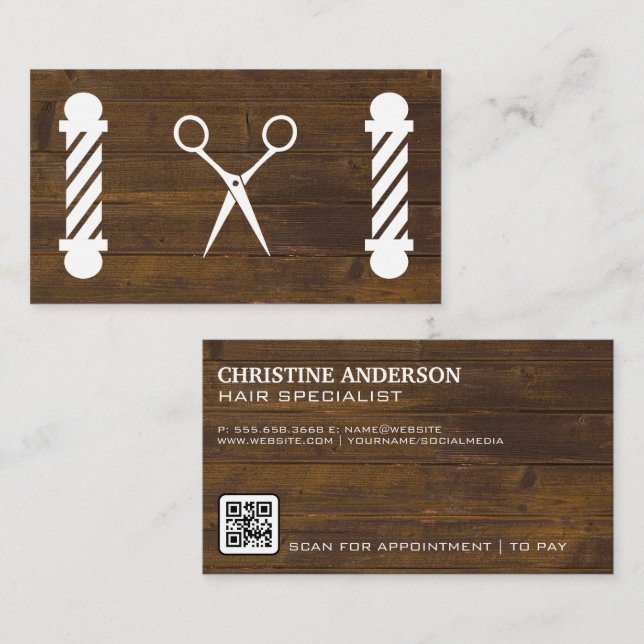 Scissors | Barber Poles | Wood | QR Code Appointment Card (Front/Back)