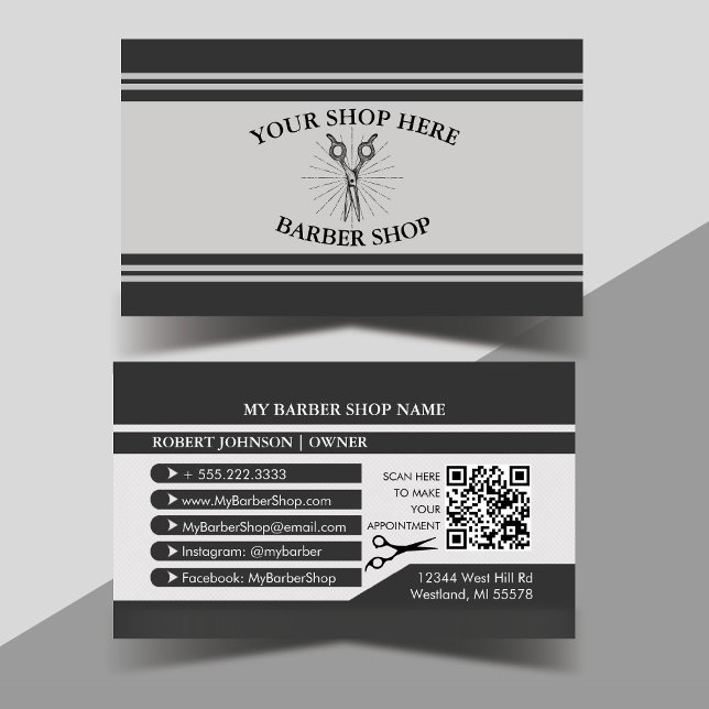 Scissors Black and Grey Barber Shop  Business Card (Black and Grey Vintage Barber Scissors Modern Professional Business Card)